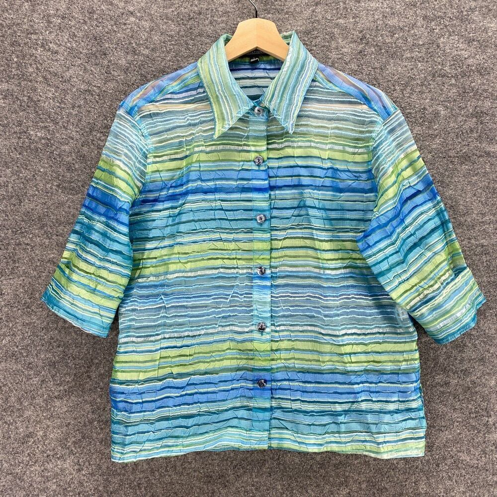 Notations Shirt Women S Small Blue Striped Button Up Short Sleeve Rayon Top